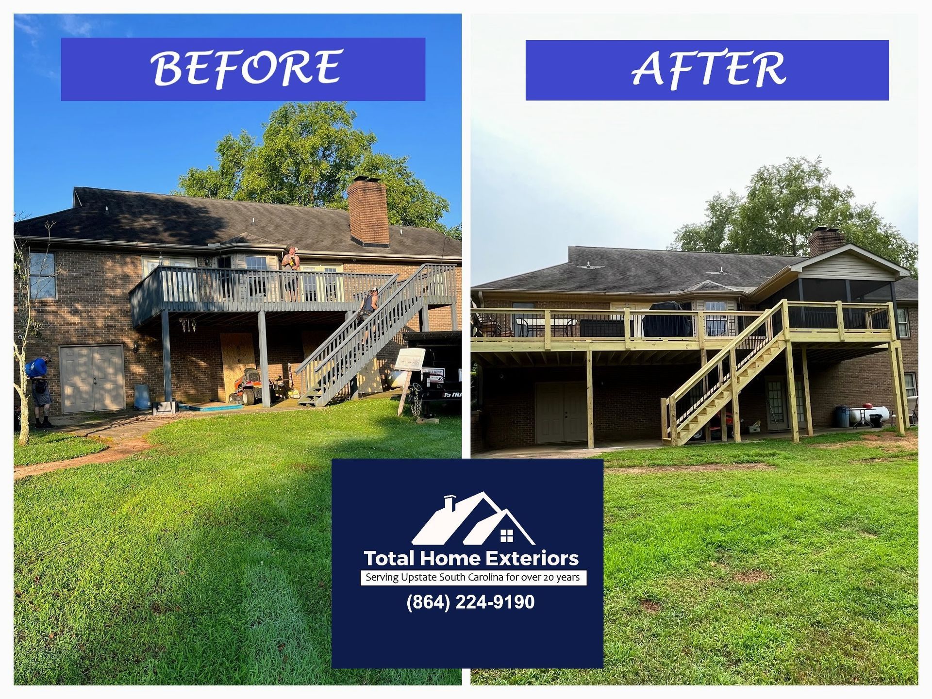 A before and after picture of a house with a deck.