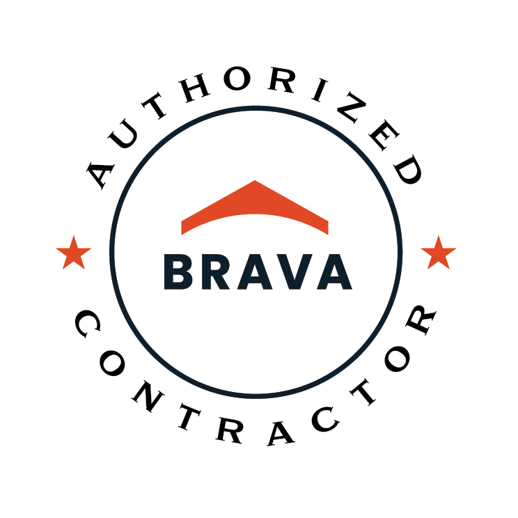 Brava Authorized Contractor circular logo with black text and orange roof icon