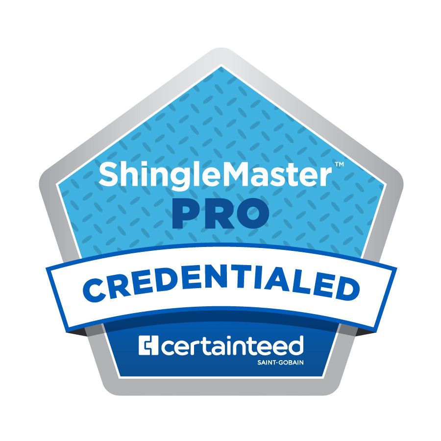ShingleMaster Pro Credentialed badge with blue and gray shield, CertainTeed logo, and white “CREDENTIALed” banner