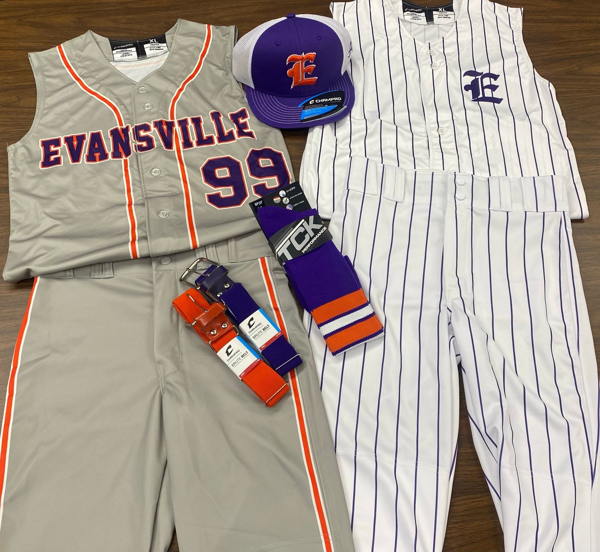 Evansville custom uniform, cap, belt and socks