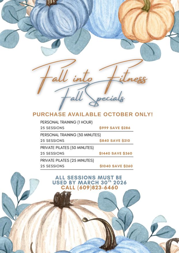 Fall fitness specials flyer with blue and orange pumpkins and text.