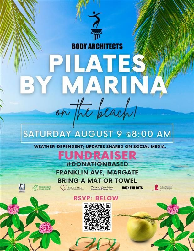 A poster for pilates by marina on the beach