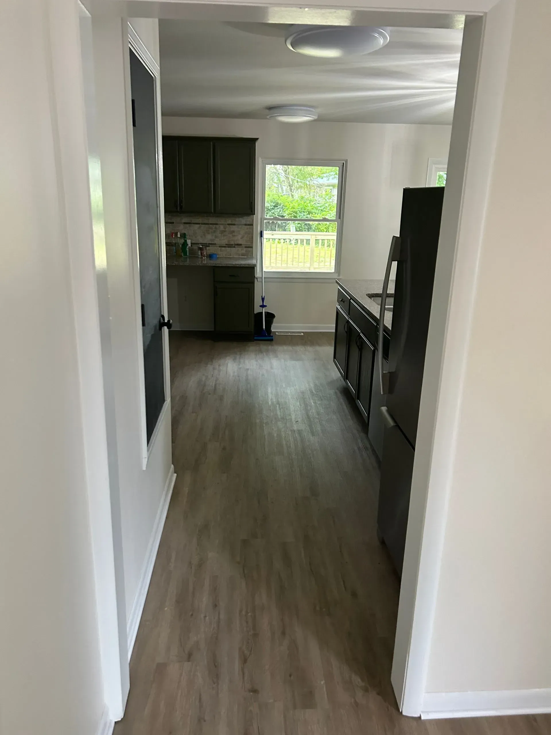 View of a kitchen from a doorway.  Dark green cabinets, stainless steel appliances, and wood-look flooring.
