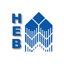 A blue logo with the letters heb on a white background
