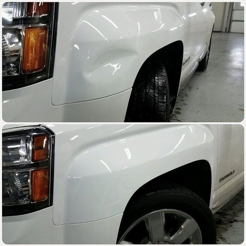 before and after images of Paintless Dent Removal