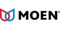 The moen logo is red , white and blue and looks like a flower.
