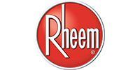 The rheem logo is a red circle with the word rheem inside of it.