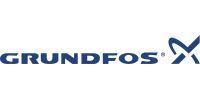 A blue and white logo for grundfos x on a white background.