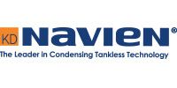 The logo for kd navien is the leader in condensing tankless technology.