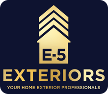E-5 Exteriors logo with gold house icon and text on dark blue background