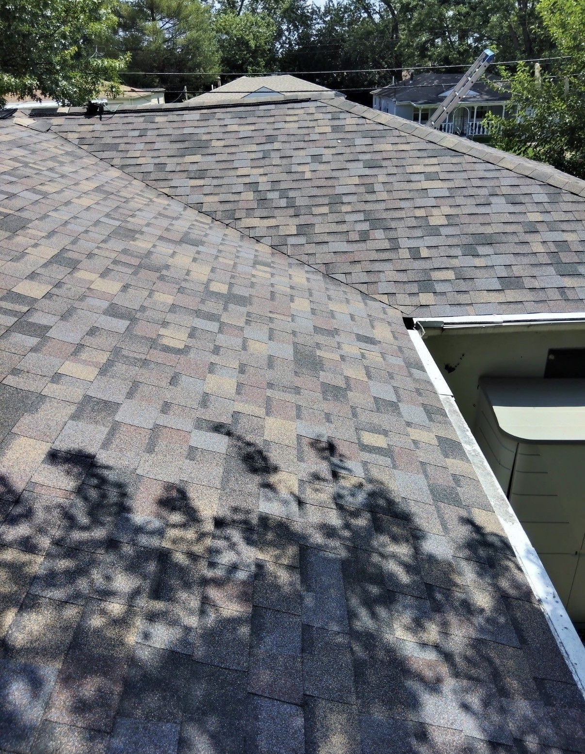 Roof with gray-brown shingles and tree shadows, showing a skylight and nearby trees.
