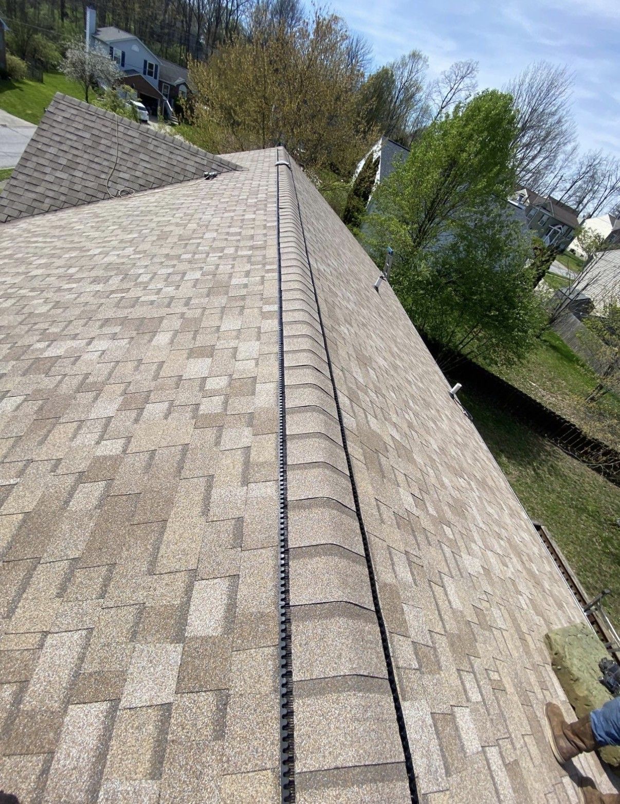 Steep shingled roof with a central ridge vent, viewed from above amid trees and neighboring houses.