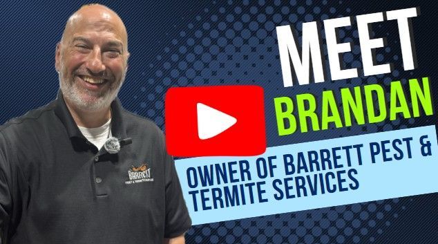 A man is standing in front of a video that says meet Brandan owner of Barrett Pest & Termite Services