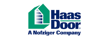 Haas Door logo. Green and white house-shaped graphic with blue text: Haas Door. 