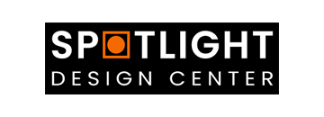 Spotlight Design Center logo with black background; white text; orange circle in square.