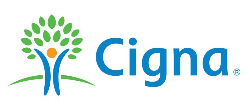 Cigna logo with blue text and a green, blue, and orange human figure made of leaves.