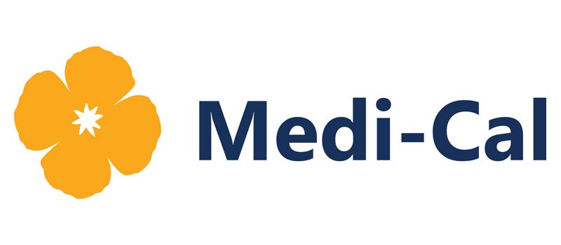 Medi-Cal logo with orange flower icon and dark blue text on a white background