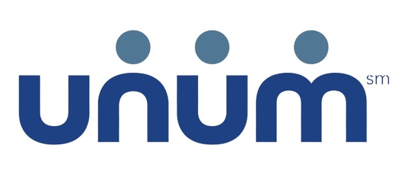 UNUM logo in dark blue with three dot accents above the letters on a white background
