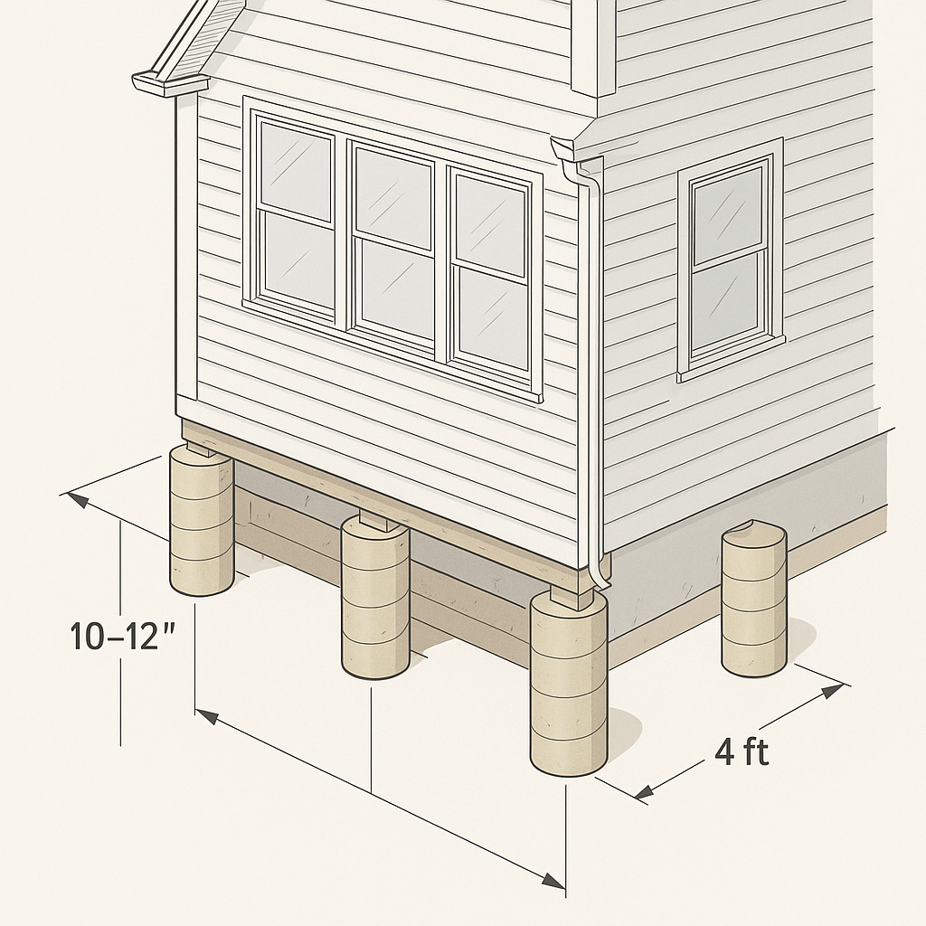 House raised on concrete piers, with labeled 4 ft spacing and 10–12 in ground clearance.