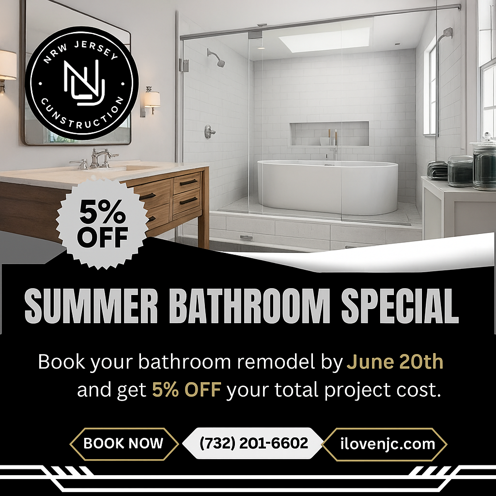 Summer bathroom special ad with white spa tub, 5% off, and booking details