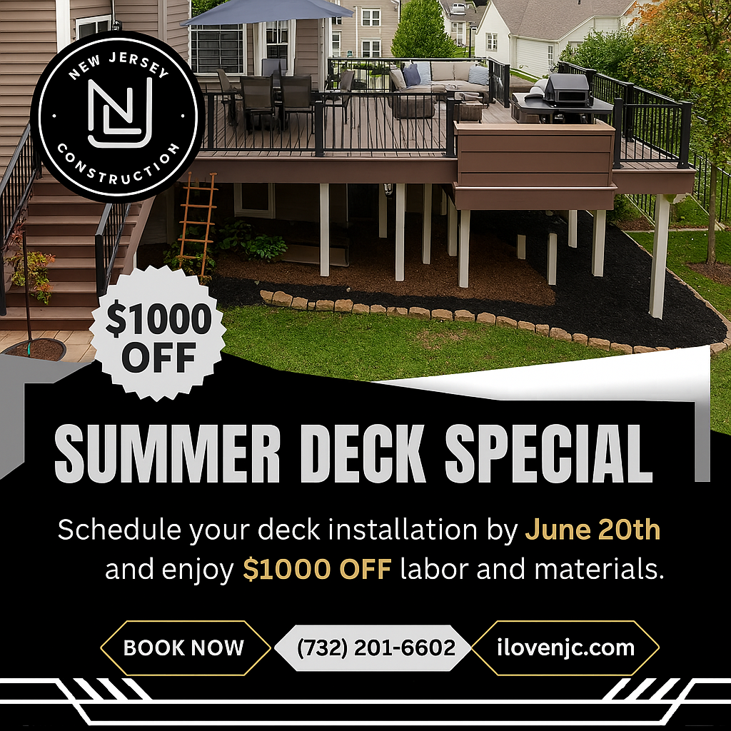 Deck renovation ad with $1000 off summer special, black-and-white deck and patio photo, and “Book Now” callout