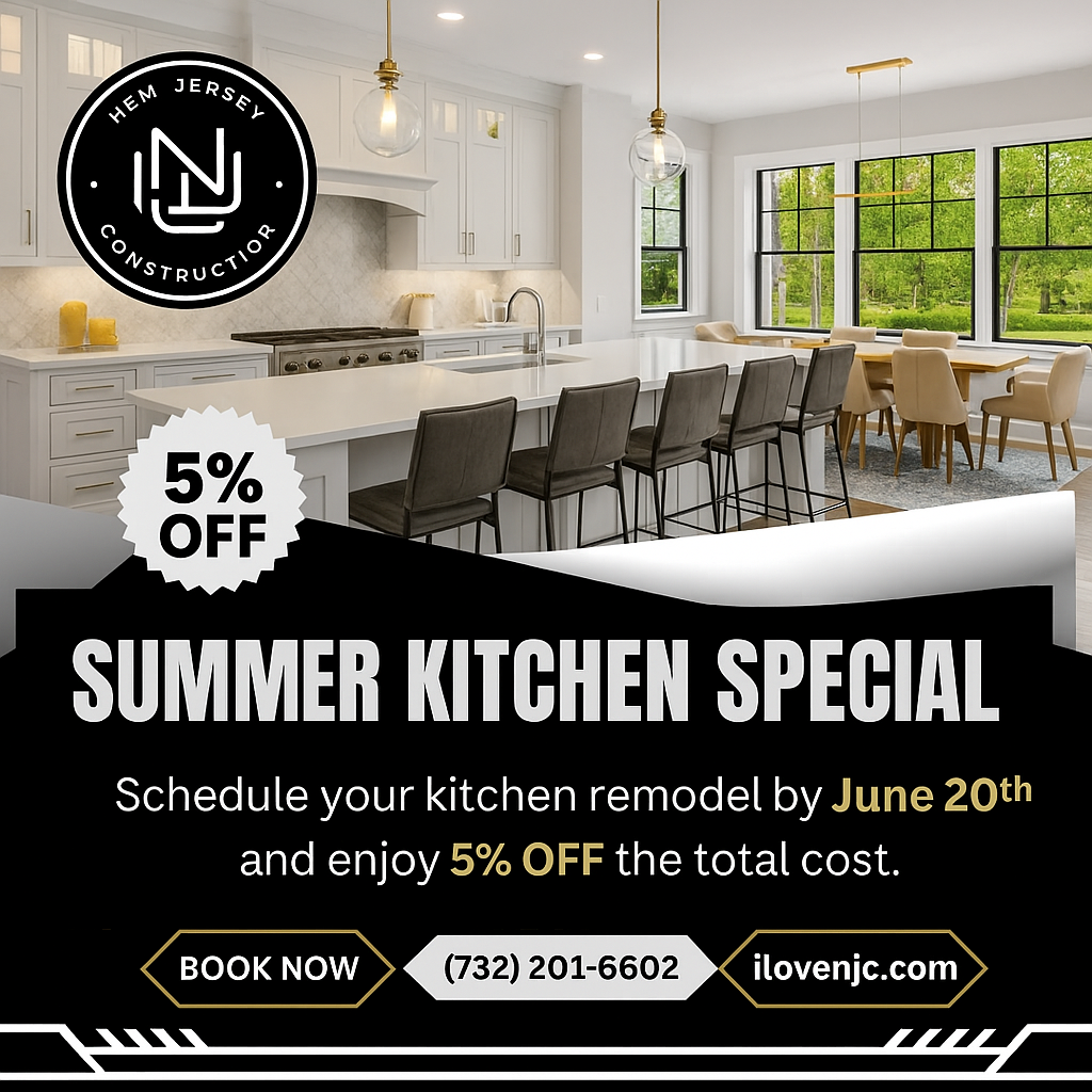Summer kitchen special ad for a bright white kitchen renovation, with 5% off and a June 20th booking offer.
