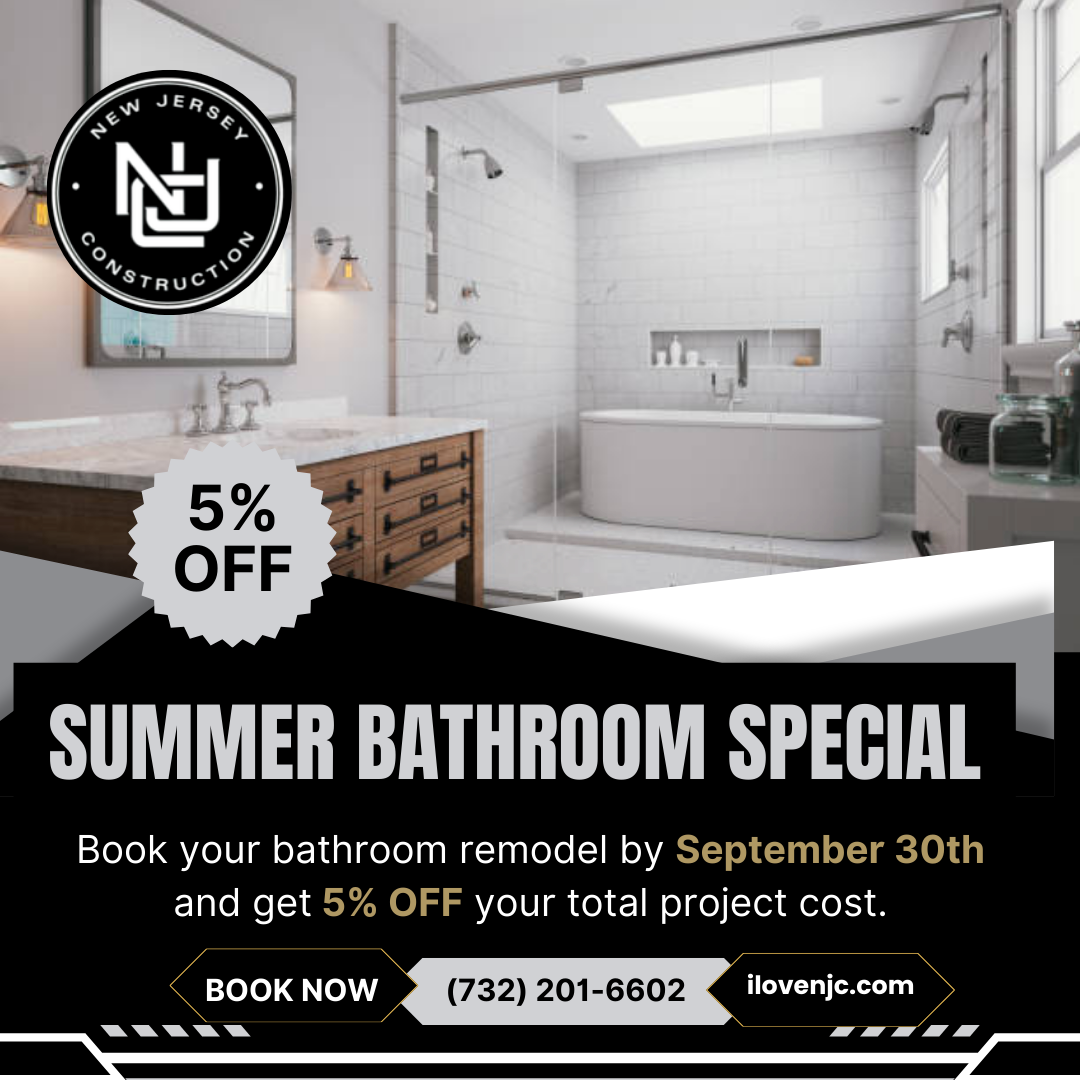Advertisement: New Jersey Construction offers 5% off bathroom remodels booked by September 30th. White bathroom with wood vanity.