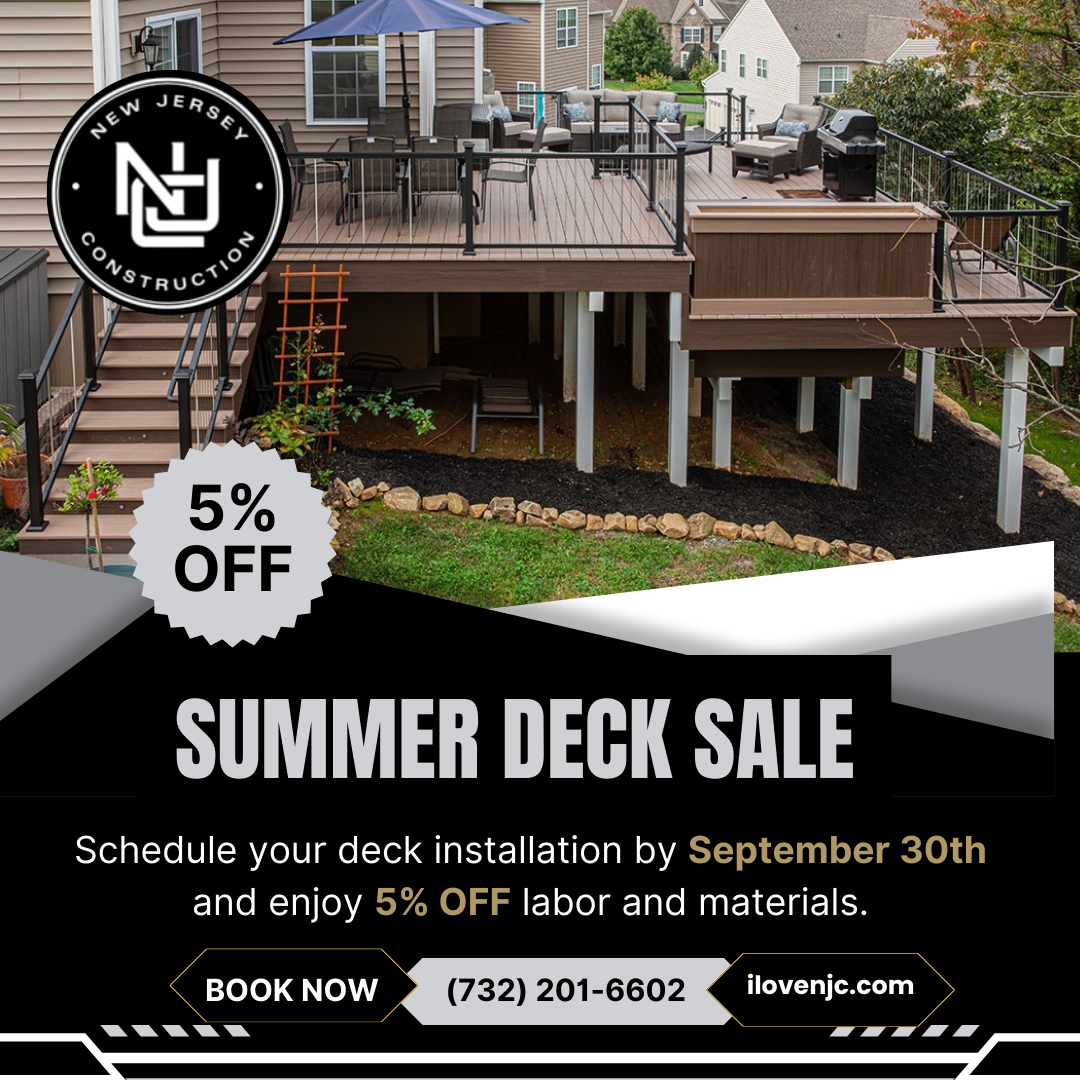 Ad for New Jersey Construction, offering 5% off deck installation by September 30th. Image shows a deck.