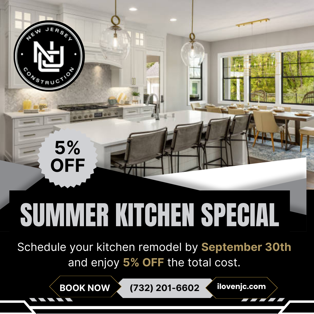 New Jersey Construction ad: Summer kitchen remodel special, 5% off if booked by Sept 30th. Features a modern kitchen.