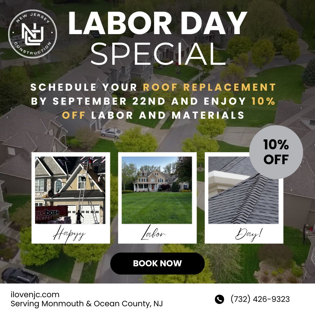 Labor Day roof replacement special. Get 10% off labor and materials if scheduled by Sept 22. Includes photos and contact info.