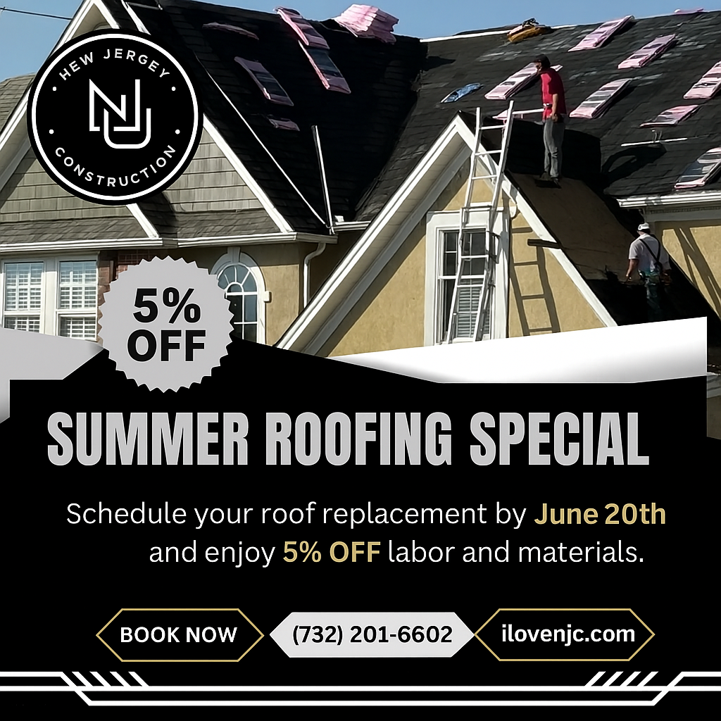 Roofing ad with a house under repair, Summer Roofing Special, 5% off labor and materials, book now.