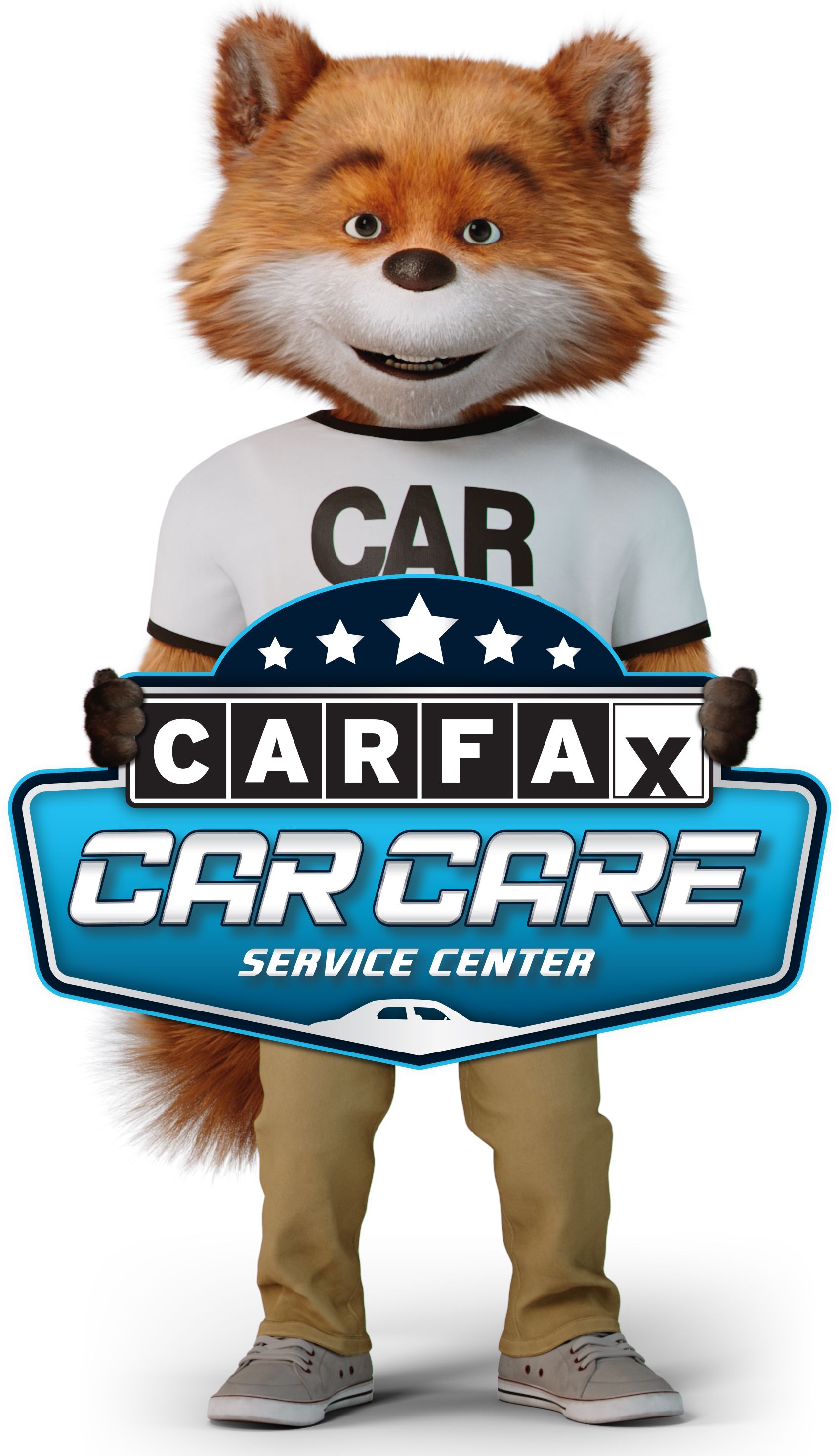 Foxy mascot holding a CARFAX Car Care Service Center sign