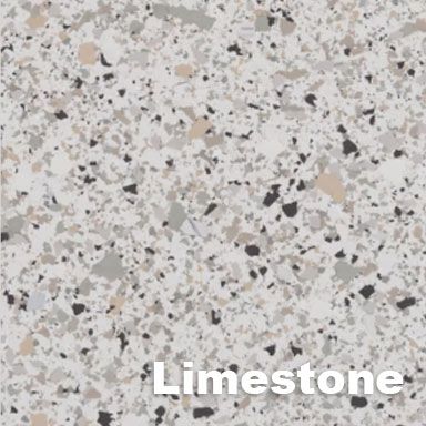 Limestone-colored, speckled floor sample with black, beige, and gray chips.