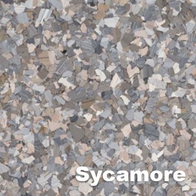 Close-up of a speckled floor coating, labeled 