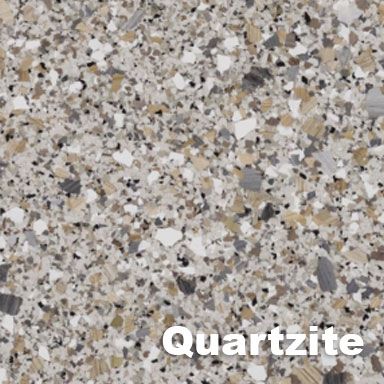 Close-up of a speckled stone surface in shades of beige, gray, and white labeled 