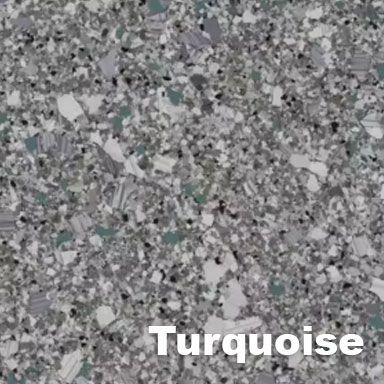 Terrazzo texture with turquoise, gray, and white chips.