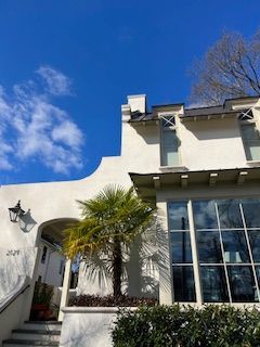 A white house with a palm tree in front of it