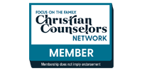 Logo for Christian Counselors Network: blue and white badge with text 