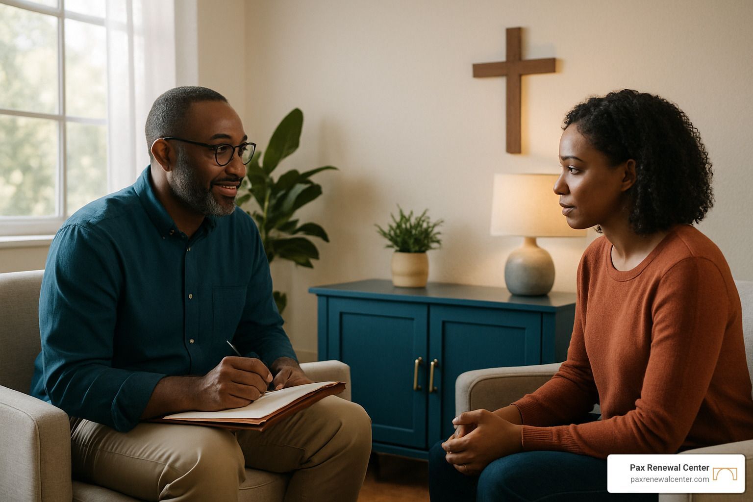 A person sits in a chair, writing in a notebook while listening to another person during a counseling session.