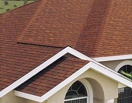 Brown asphalt shingle roof on a beige house with white trim.