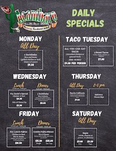 Menu board: Daily specials at a Mexican restaurant. Includes deals for each day of the week.