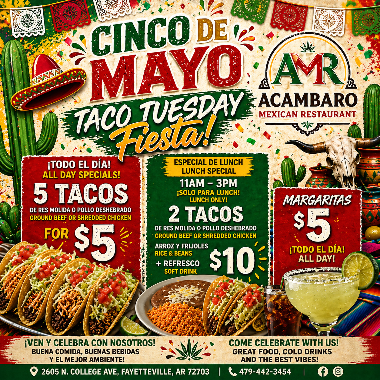 Cinco de Mayo Taco Tuesday Fiesta at Acambaro Mexican Restaurant, with tacos, margaritas, and specials