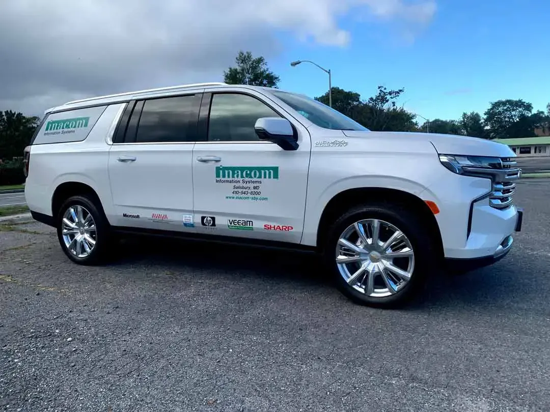 A white suv is parked on the side of the road.
