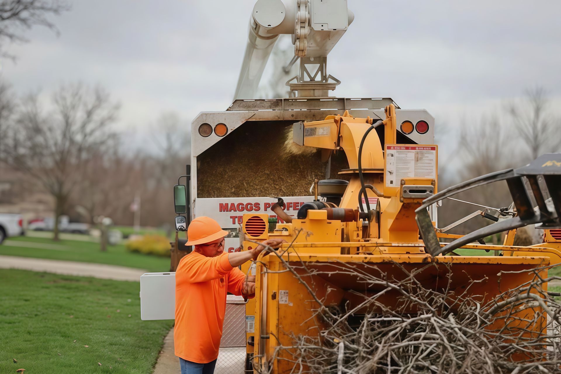A worker in an orange shirt and hard hat feeds tree branches into a wood chipper attached to a utility truck.