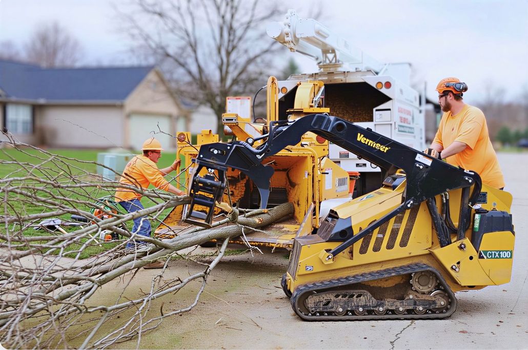Two workers in bright orange shirts use a yellow grapple loader to feed a fallen tree into a woodchipper on a street.