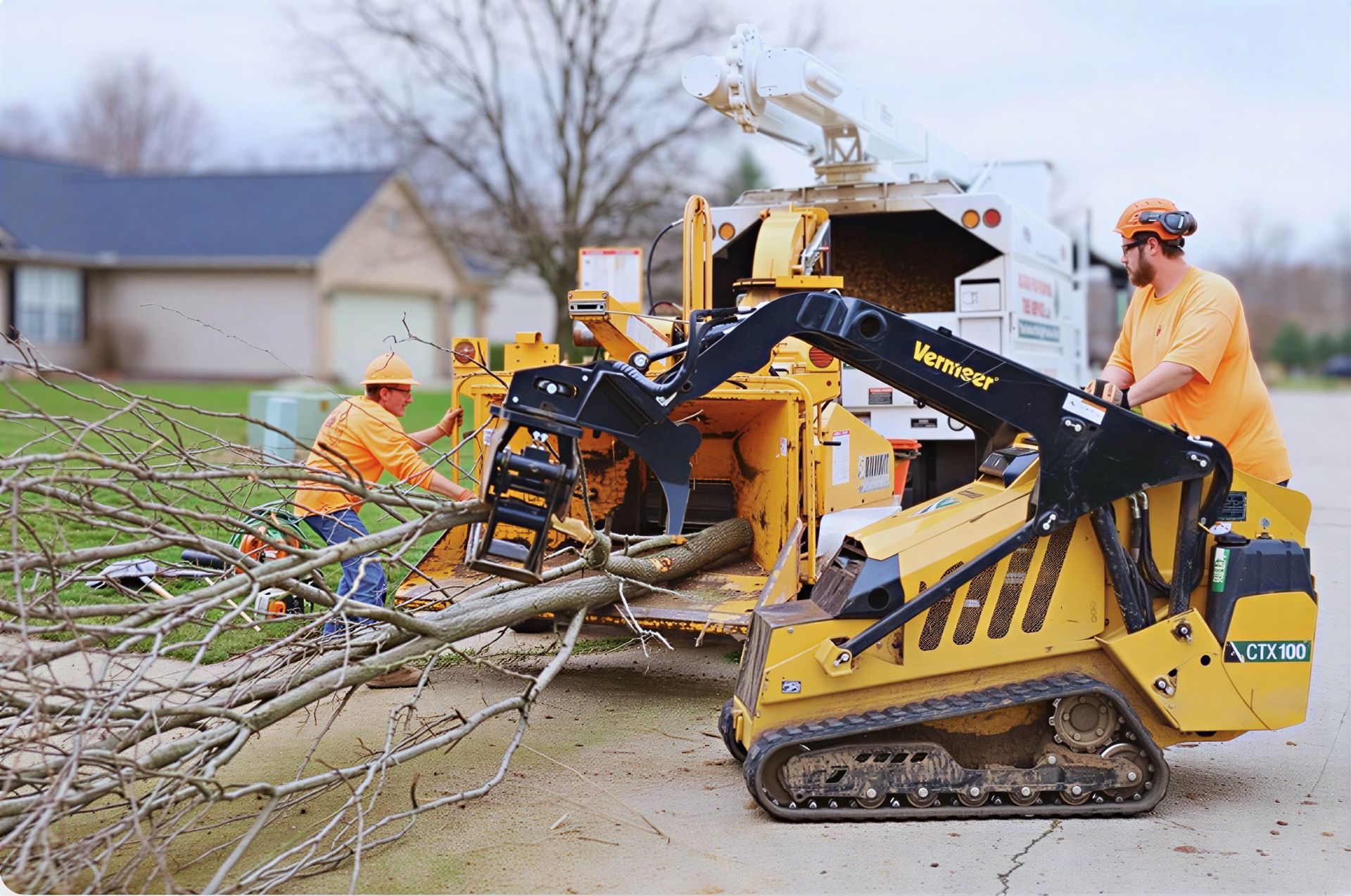 Two workers in bright orange shirts use a yellow grapple loader to feed a fallen tree into a woodchipper on a street.