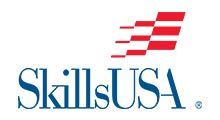SkillsUSA logo with blue text and a red and white flag design.