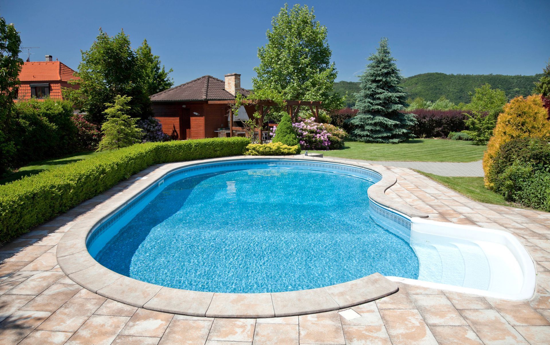 Swimming pool in a backyard surrounded by greenery and a stone patio, with a house in the background.