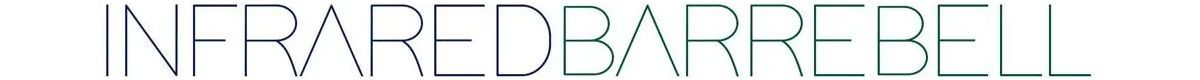 INFRAREDBARREBELL, a thin, light gray and green text on a white background.