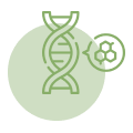 Green DNA helix with a molecule, within a circle.